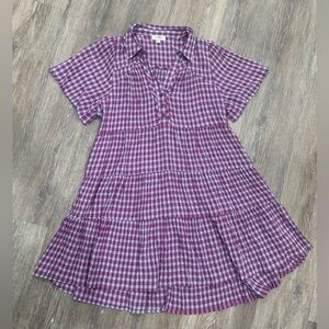 🌸 Umgee Boutique Style purple Gingham Checked Tiered Short Sleeve Dress